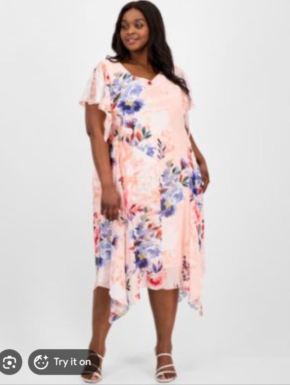 Robbie Bee Peach Midi Dress with Blue and Coral Floral Print